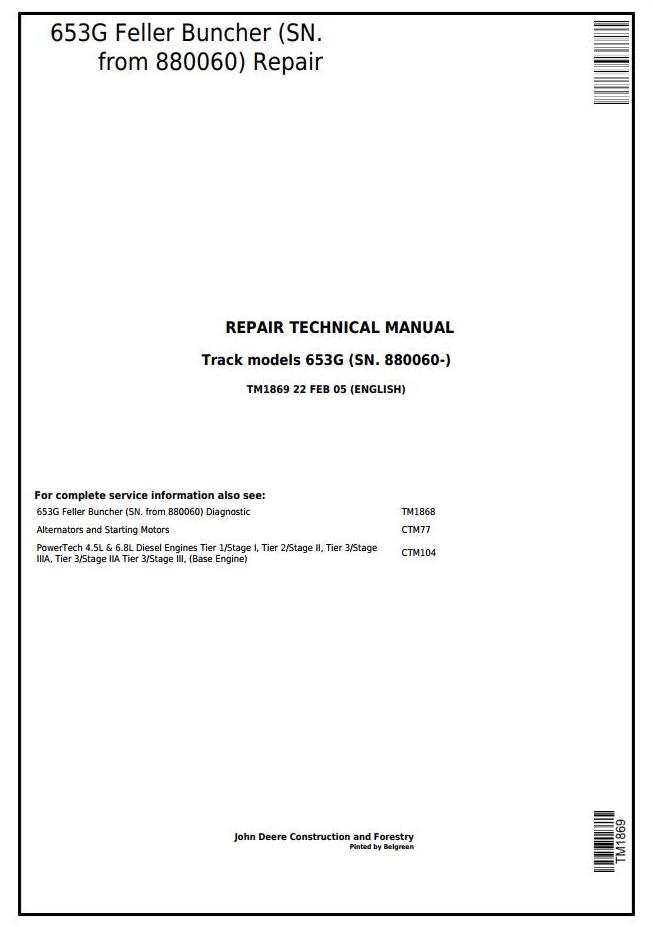 John Deere 653G Feller Buncher Repair Technical Manual TM1869