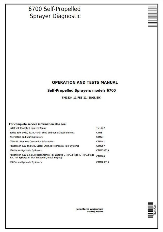 John Deere 6700 Self-Propelled Sprayer Diagnostic Operation Test Manual TM1834