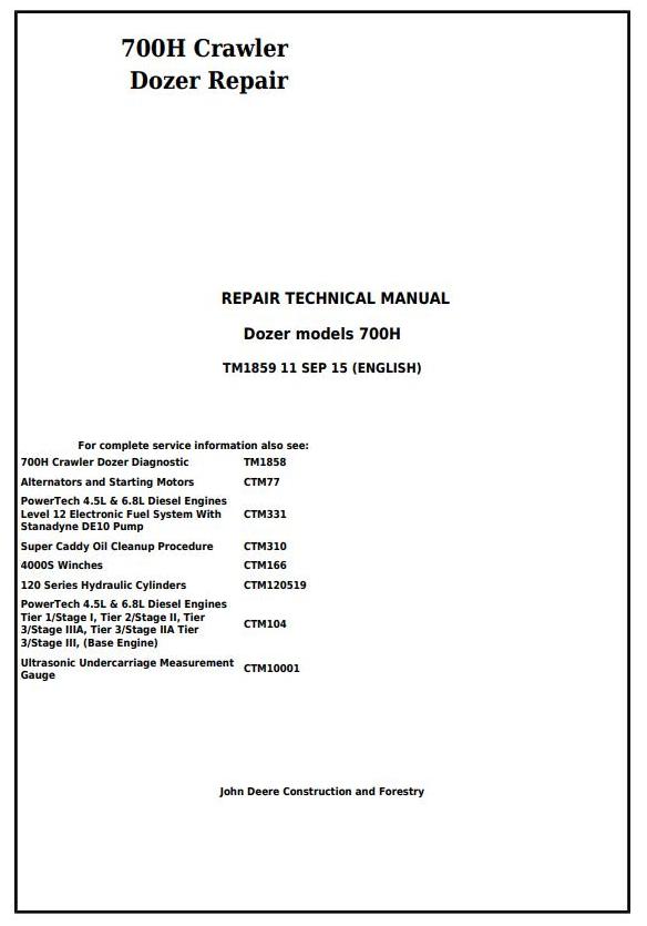 John Deere 700H Crawler Dozer Repair Technical Manual TM1859
