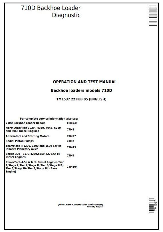 John Deere 710D Backhoe Loader Operation Test Manual TM1537