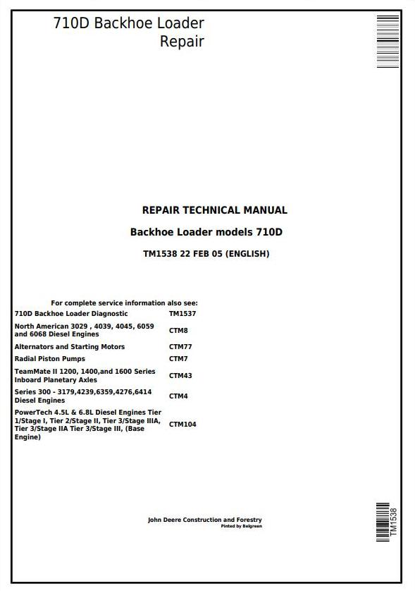 John Deere 710D Backhoe Loader Repair Technical Manual TM1538