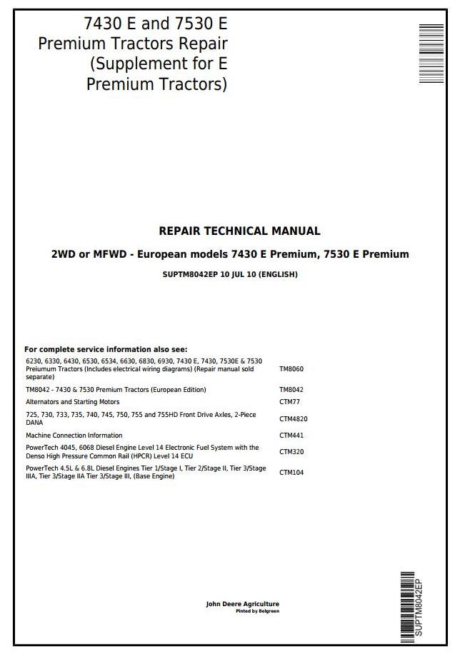 John Deere 7430E 7530E Premium European Tractor Supplement TractorRepair Technical Manual SUPTM8042EP