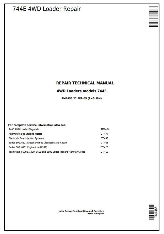 John Deere 744E 4WD Loader Repair Tehnical Manual TM1455