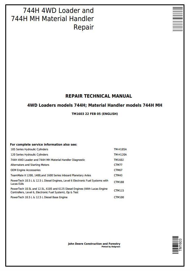 John Deere 744H 4WD 744H MH Loader Material Handler Repair Technical Manual TM1603