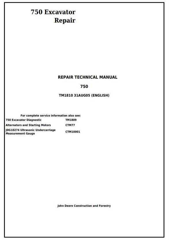 John Deere 750 Excavator Repair Technical Manual TM1810
