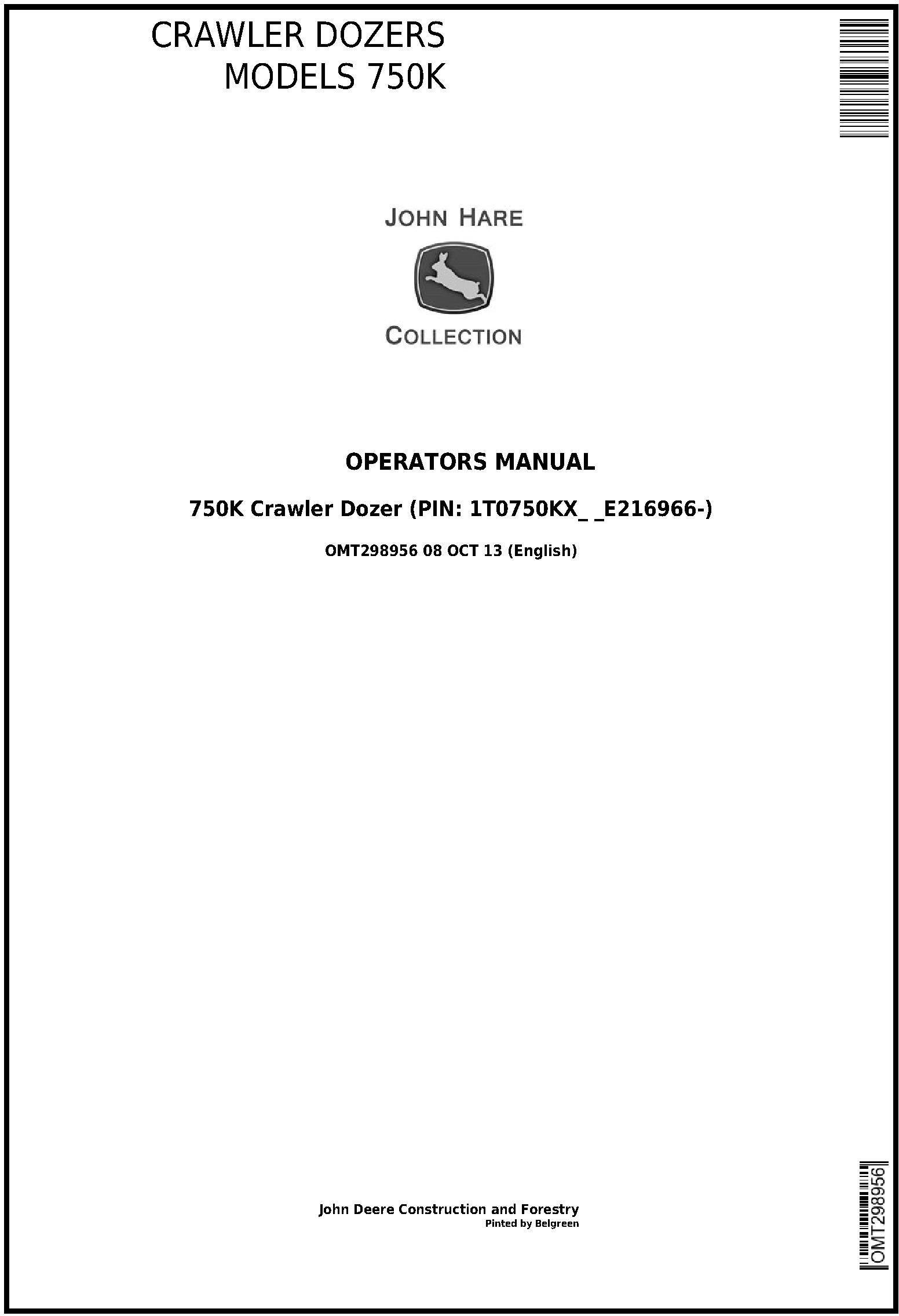 John Deere 750K Crawler Dozer Operator Manual OMT298956