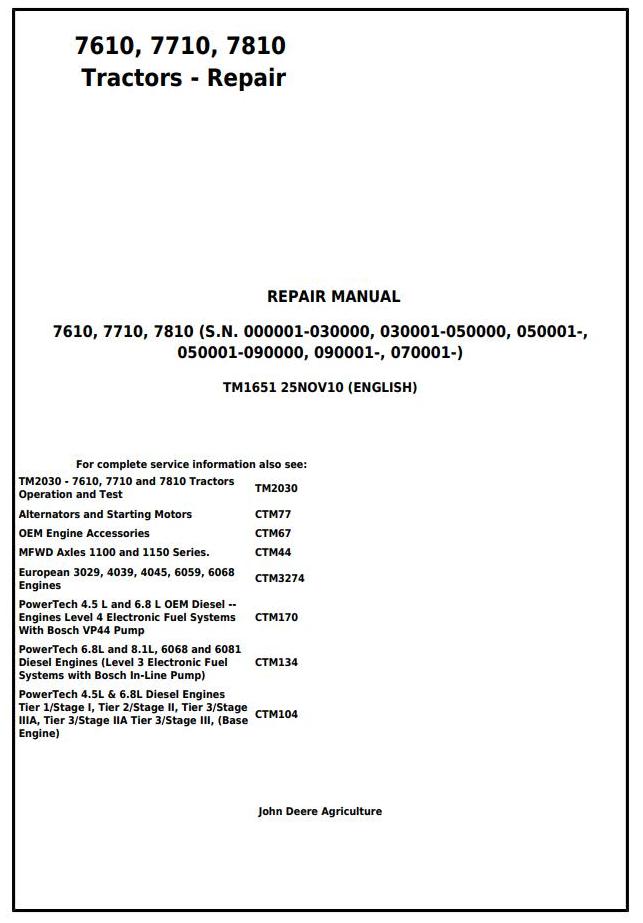 John Deere 7610 7710 7810 2WD MFWD Tractor Repair Manual TM1651