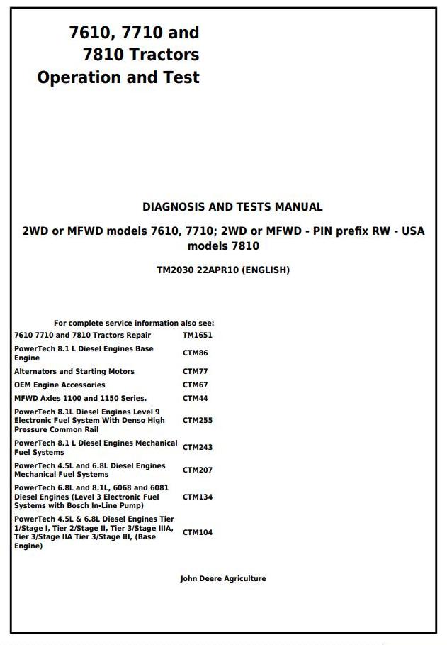 John Deere 7610 7710 7810 USA Tractor Operation Diagnosis Test Manual TM2030