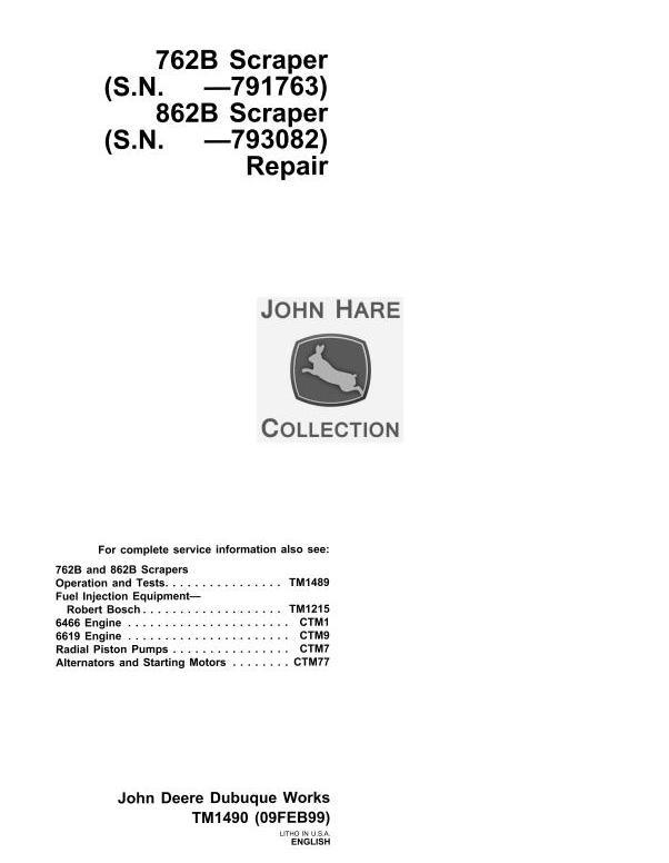John Deere 762B 862B Scraper Technical Manual TM1490