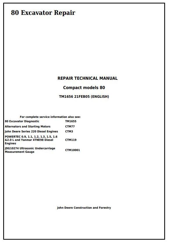 John Deere 80 Midi Excavator Repair Technical Manual TM1656