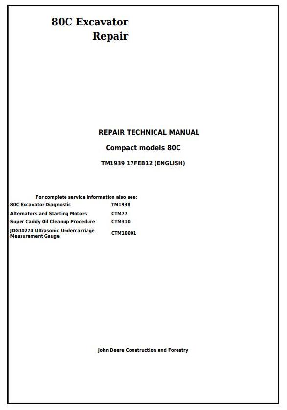 John Deere 80C Excavator Repair Technical Manual TM1939