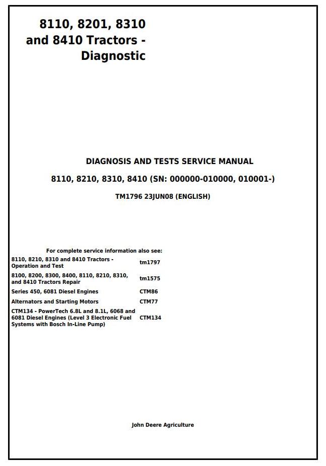 John Deere 8110 8210 8310 8410 Tractor Diagnosis Test Service Manual TM1796