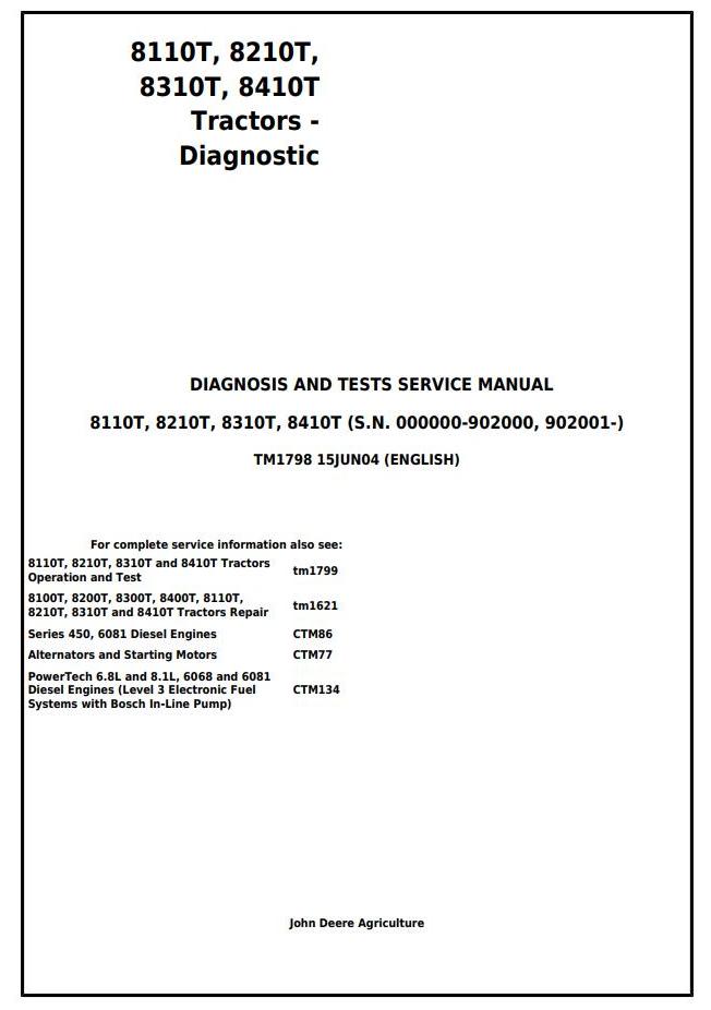 John Deere 8110T 8210T 8310T 8410T Tractor Diagnosis Test Service Manual TM1798
