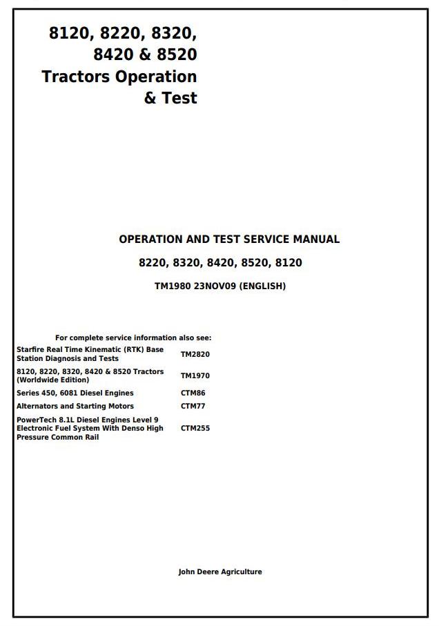 John Deere 8120 8220 8320 8420 8520 Tractor Operation Test Service Manual TM1980