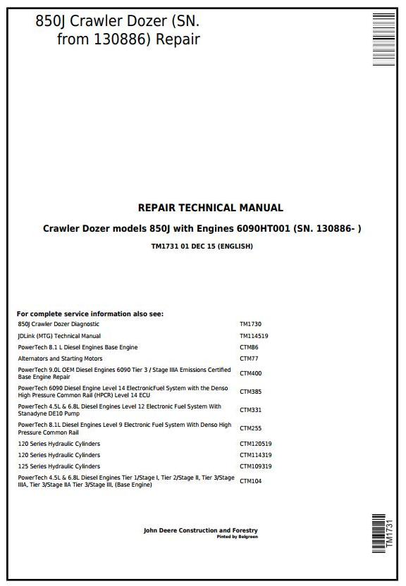 John Deere 850J Crawler Dozer Engine 6090HT001 Crawler Dozer Repair Technical Manual TM1731