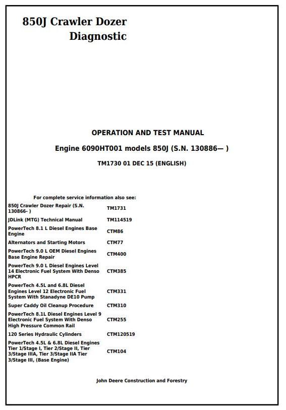 John Deere 850J Crawler Dozer Engine 6090HT001 Diagnostic Operation Test Manual TM1730