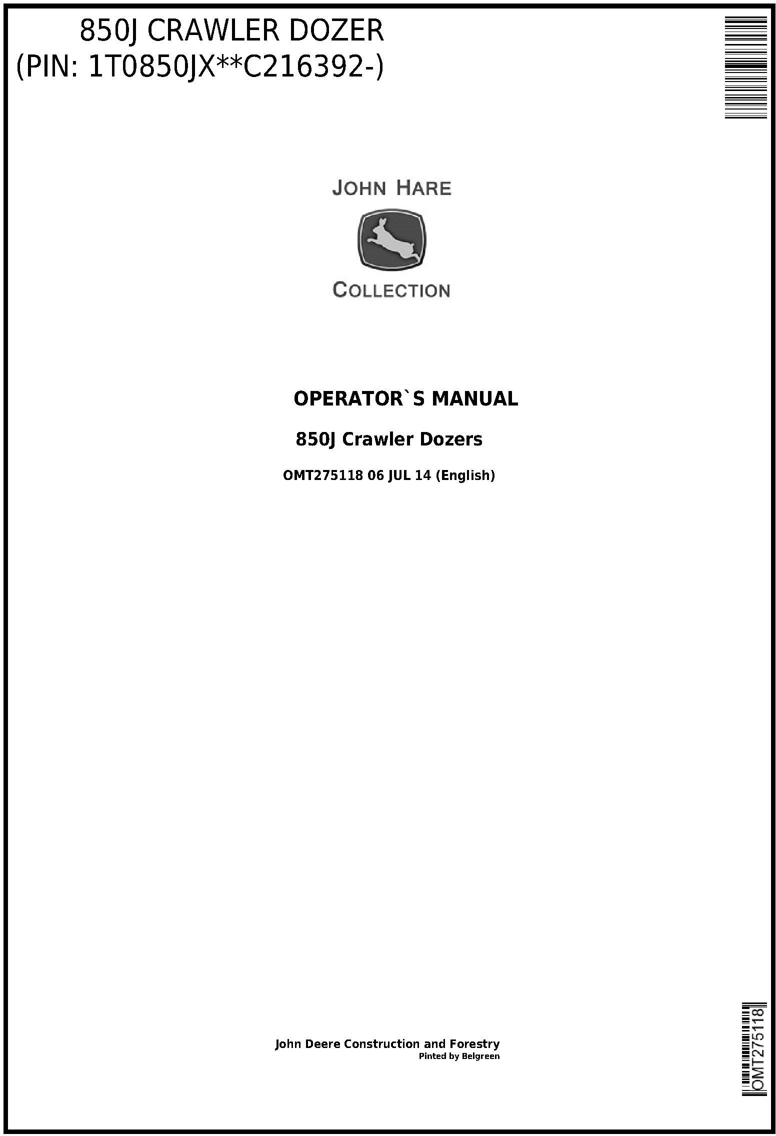 John Deere 850J Crawler Dozer Operator Manual OMT275118