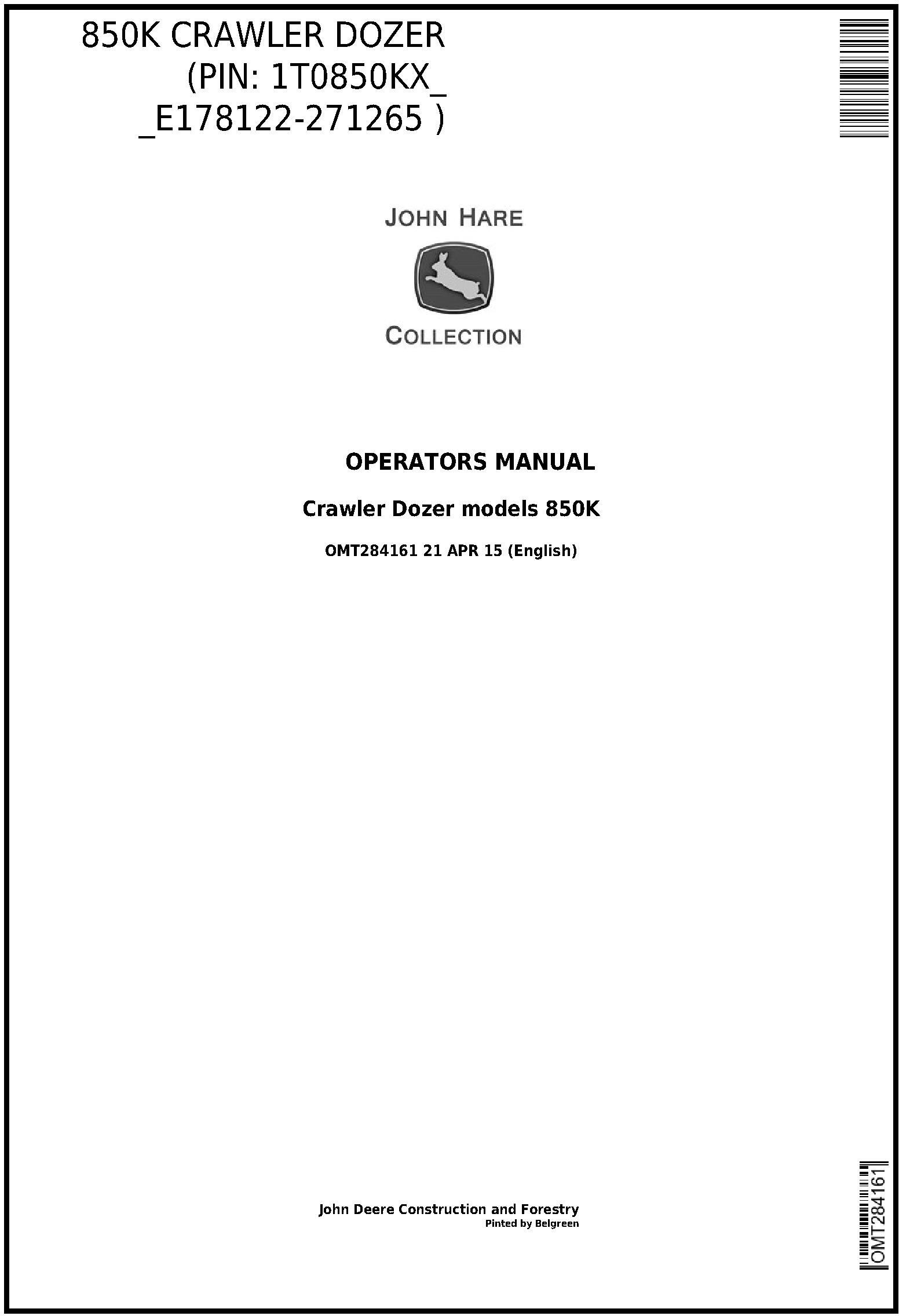 John Deere 850K Crawler Dozer Operator Manual OMT284161