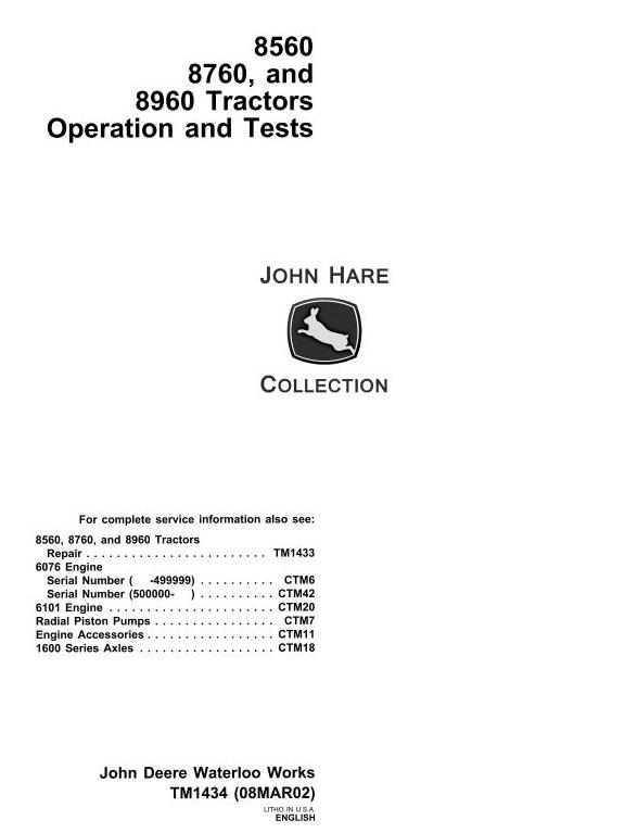 John Deere 8560 8760 8960 4WD Articulated Tractor Operation Test Manual TM1434