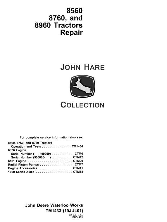 John Deere 8560 8760 8960 4WD Articulated Tractor Technical Repair Manual TM1433