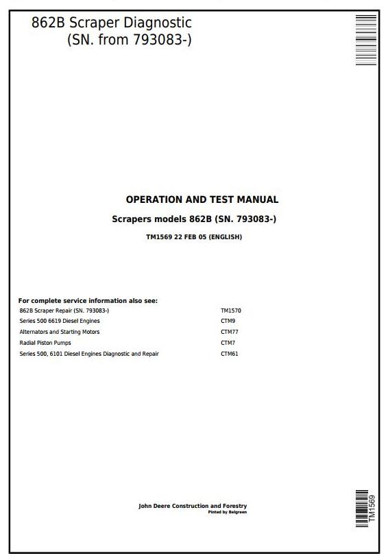 John Deere 862B Scraper Operation Test Manual TM1569
