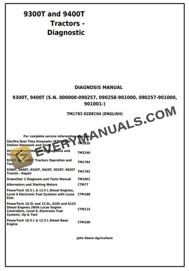 John Deere 9300T 9400T Tractor Diagnosis Technical Manual TM1783