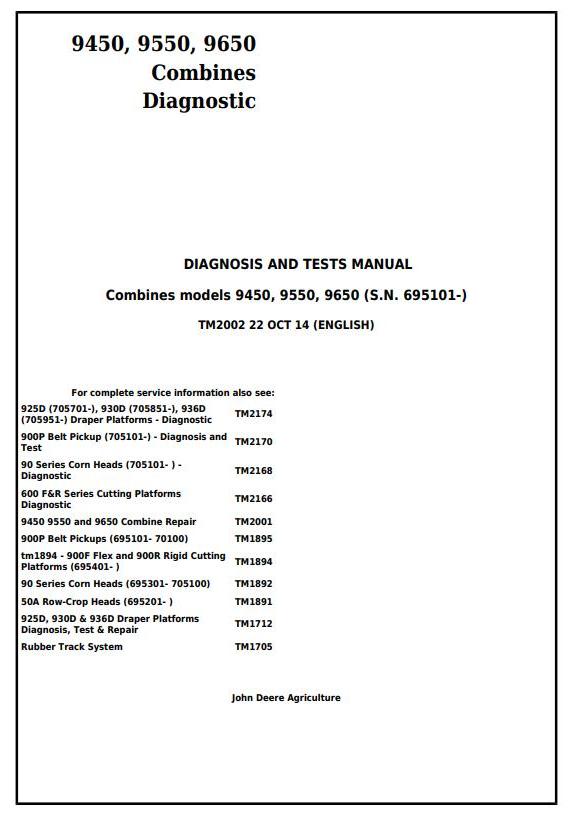 John Deere 9450 9550 9650 Combine Diagnosis Test Manual TM2002