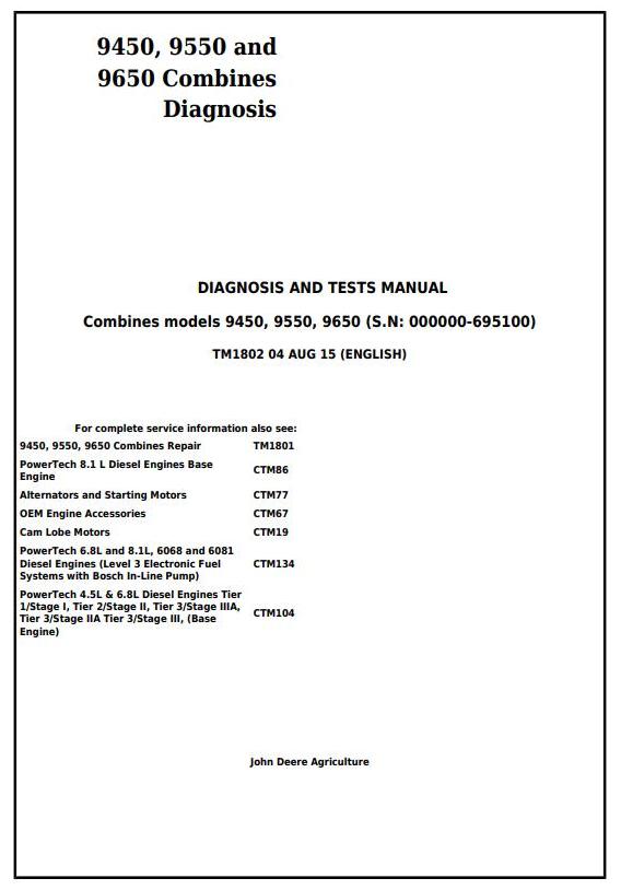 John Deere 9450 9550 9650 Combine Diagnosis Tests Manual TM1802