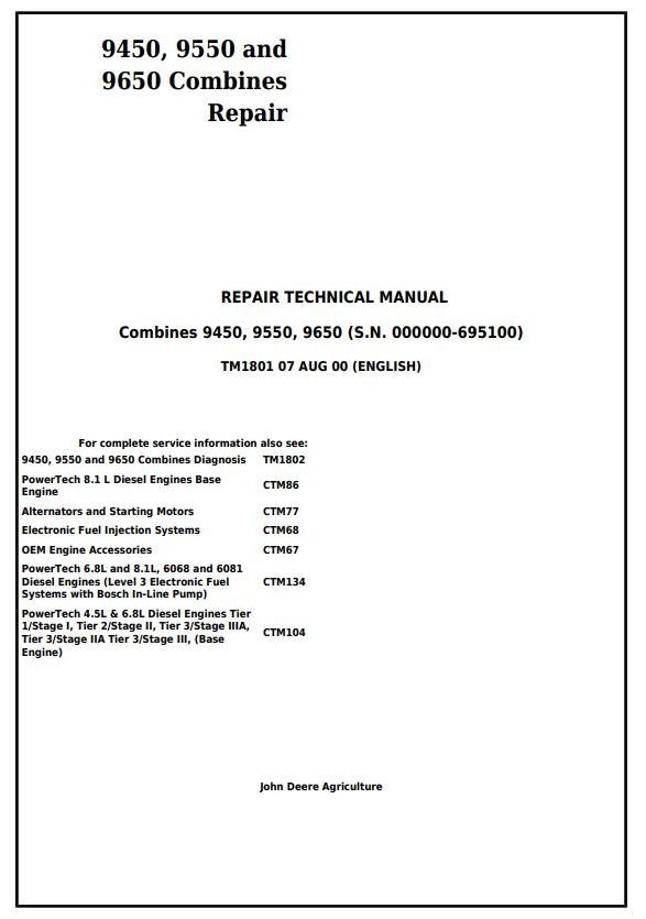 John Deere 9450 9550 9650 Combine Repair Technical Manual TM1801