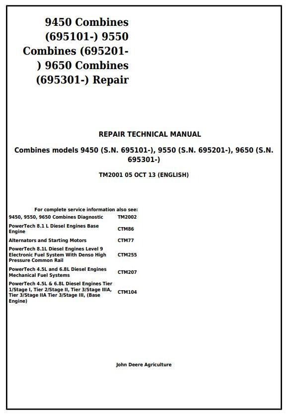 John Deere 9450 9550 9650 Combine Repair Technical Manual TM2001
