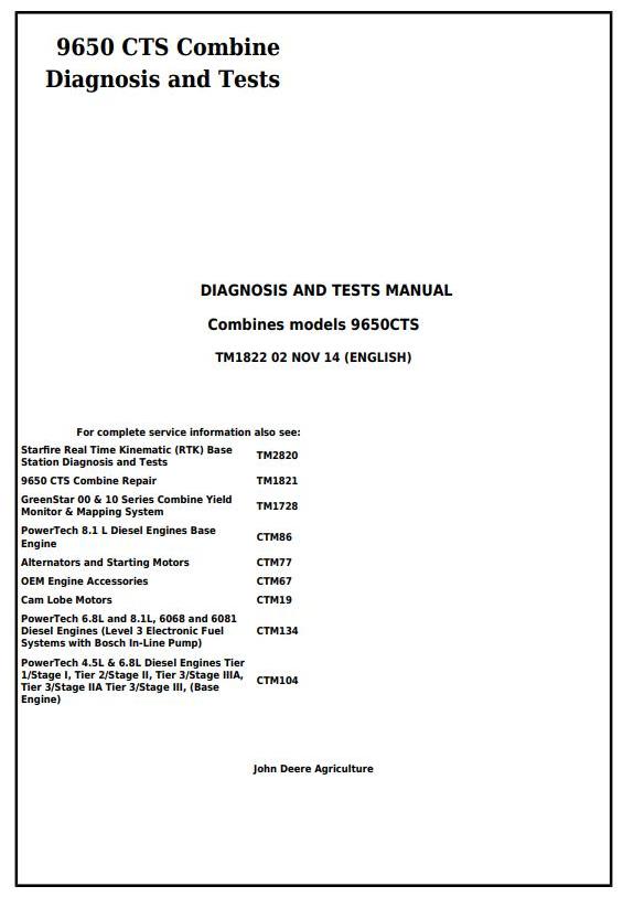 John Deere 9650 CTS Combine Diagnosis Test Manual TM1822