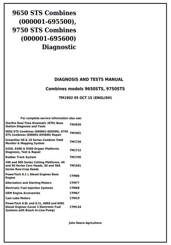 John Deere 9650 STS 9750 STS Combine Diagnosis Test Manual TM1902