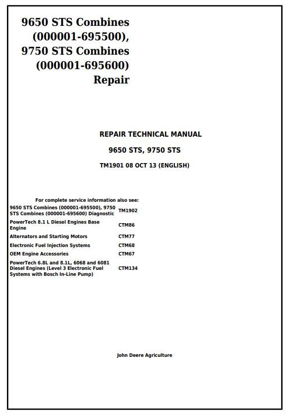 John Deere 9650 STS 9750 STS Combine Repair Technical Manual TM1901