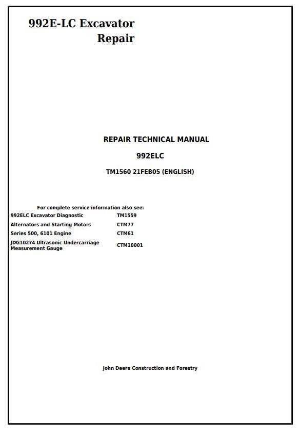 John Deere 992E-LC Excavator Repair Technical Manual TM1560