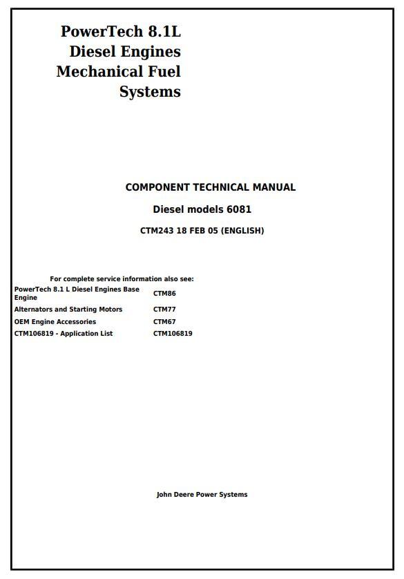 John Deere PowerTech 6081 Mechanical Fuel Systems Diesel Engine Component Technical Manual CTM243