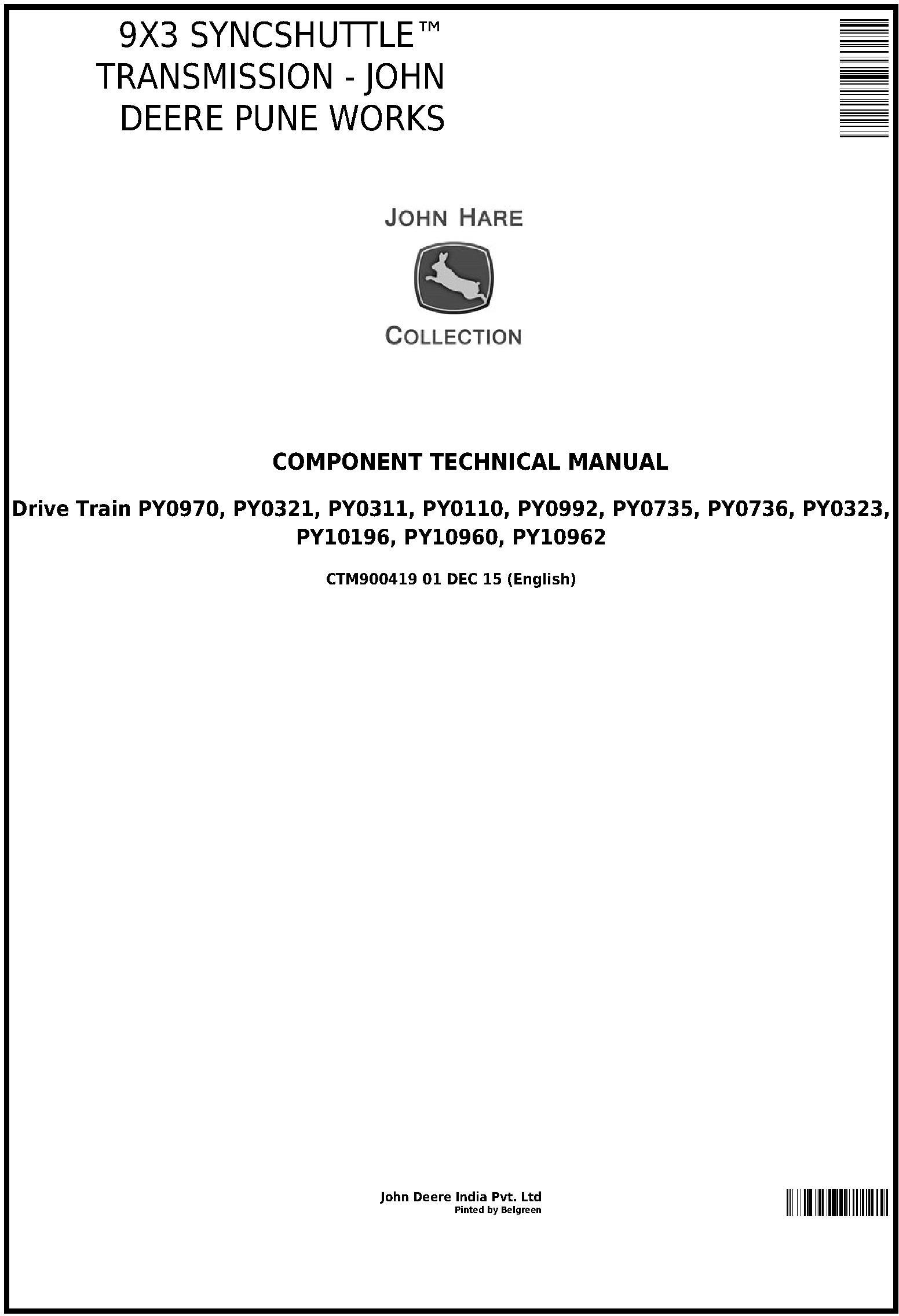 John Deere Pune Works 9×3 SyncShuttle Transmission Component Technical Manual CTM900419