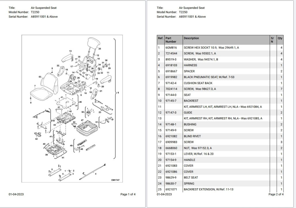 Bobcat T2250 A85911001 & Above Parts Catalog PDF
