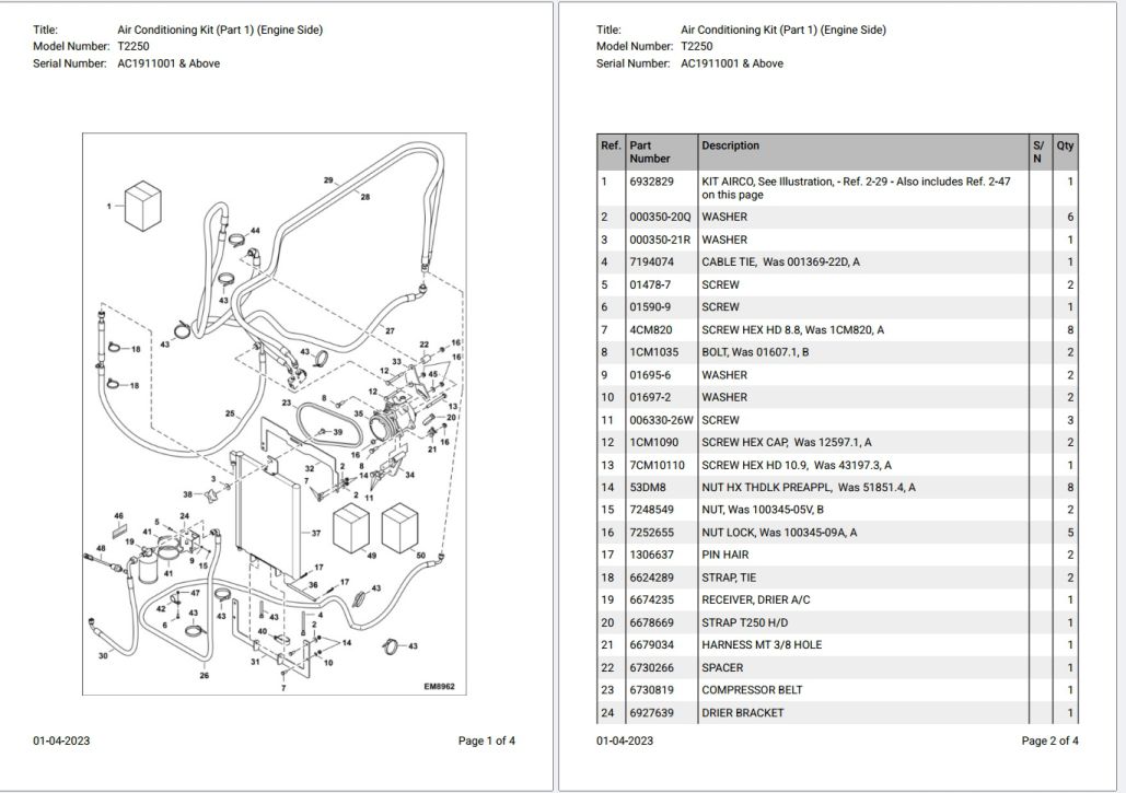 Bobcat T2250 AC1911001 & Above Parts Catalog PDF