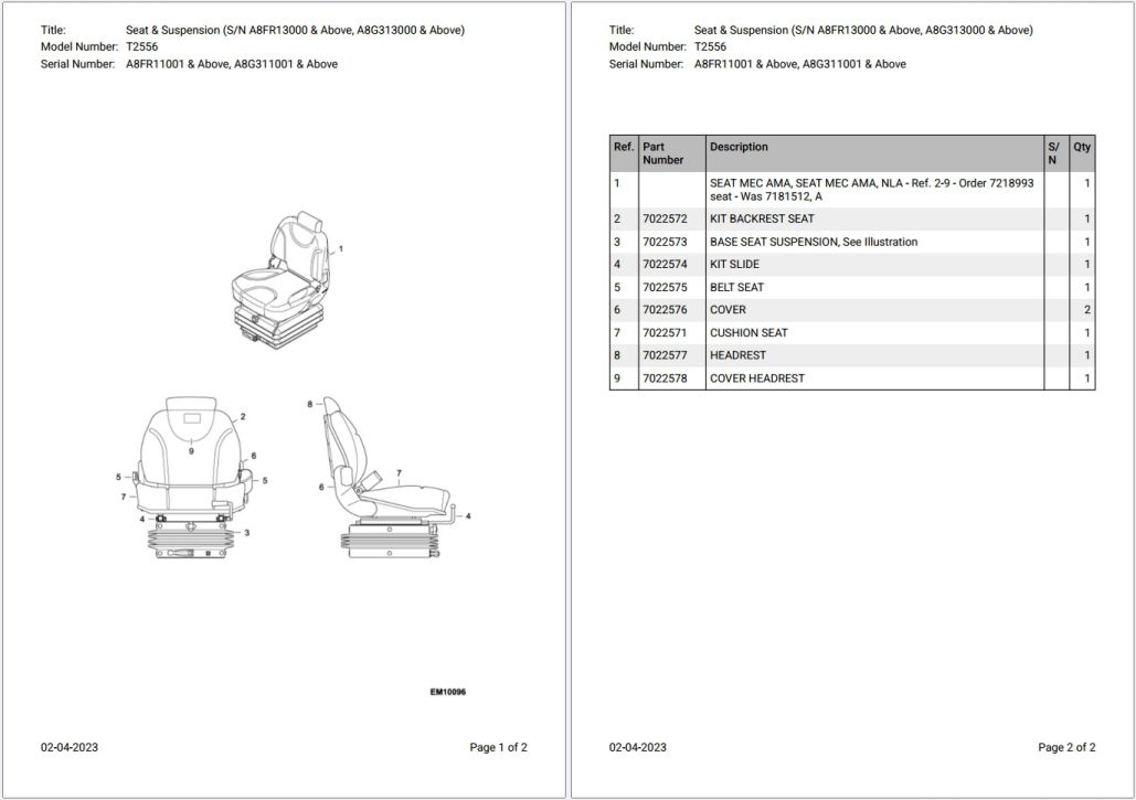 Bobcat T2556 A8FR11001 & Above, A8G311001 & Above Parts Catalog PDF