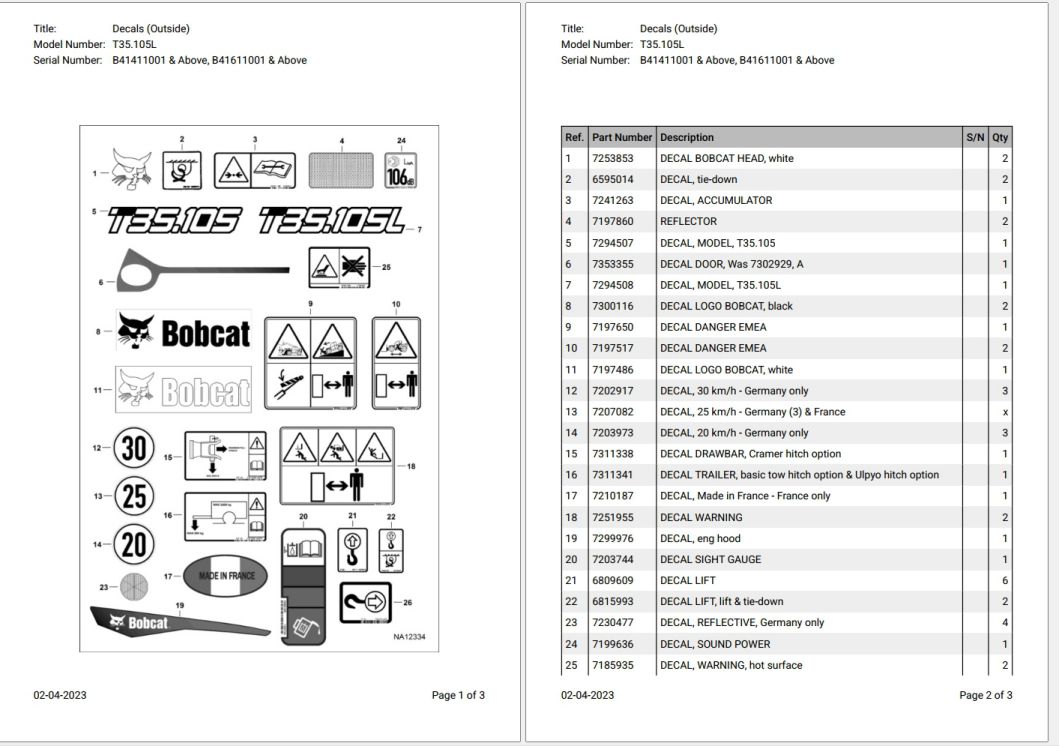 Bobcat T35.105L B41411001 & Above, B41611001 & Above Parts Catalog