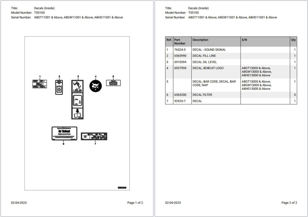 Bobcat T35100 A8GT11001 & Above, A8GW11001 & Above, A8HD11001 & Above Parts Catalog PDF