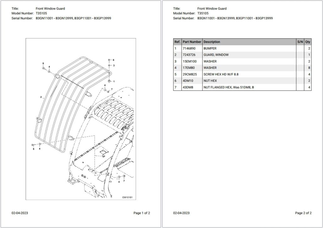 Bobcat T35105 B3GN11001 – B3GN13999, B3GP11001 – B3GP13999 Parts Catalog PDF