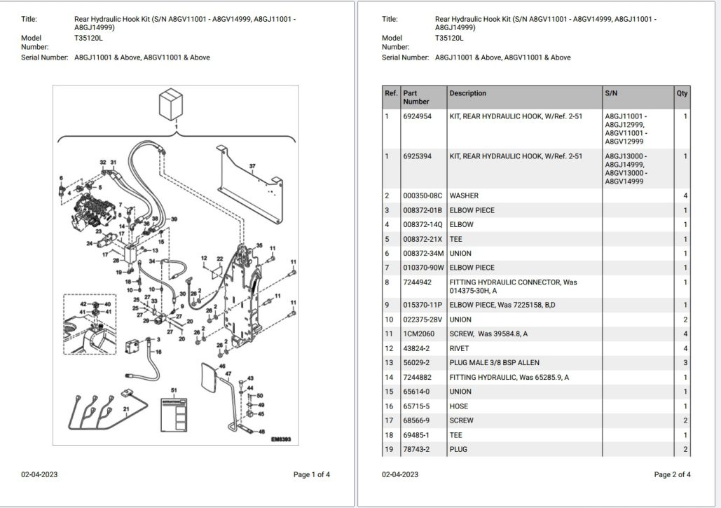 Bobcat T35120L A8GJ11001 & Above, A8GV11001 & Above Parts Catalog PDF