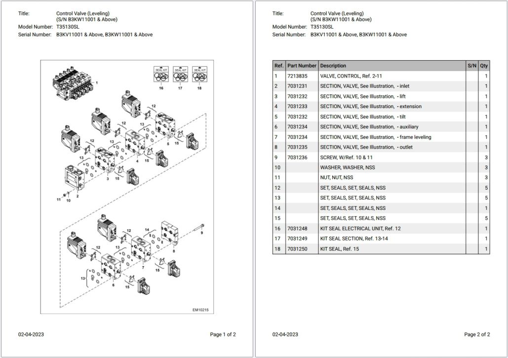 Bobcat T35130SL B3KV11001 & Above, B3KW11001 & Above Parts Catalog PDF