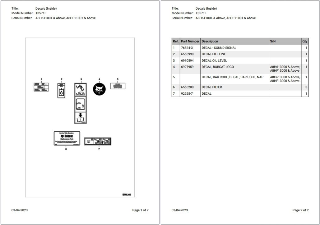 Bobcat T3571L A8H611001 & Above, A8HF11001 & Above Parts Catalog PDF
