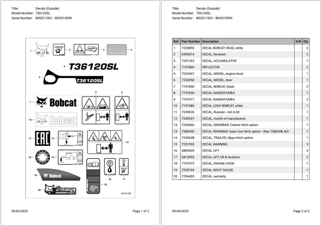 Bobcat T36120SL B3GS11001 – B3GS13999 Parts Catalog PDF