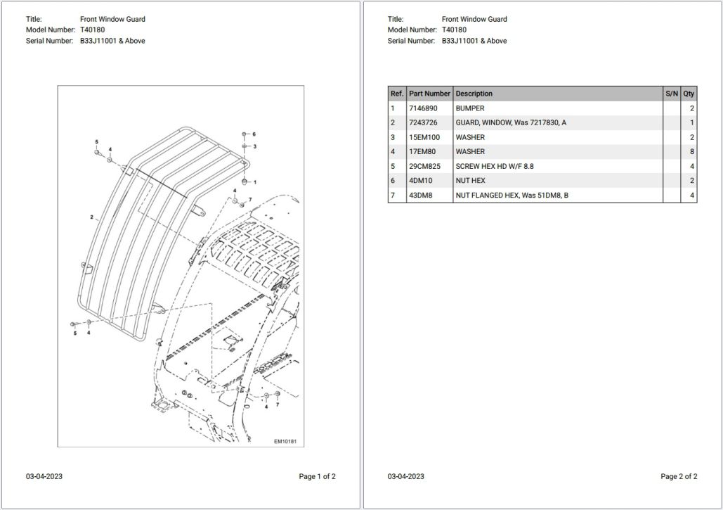 Bobcat T40180 B33J11001 & Above Parts Catalog PDF