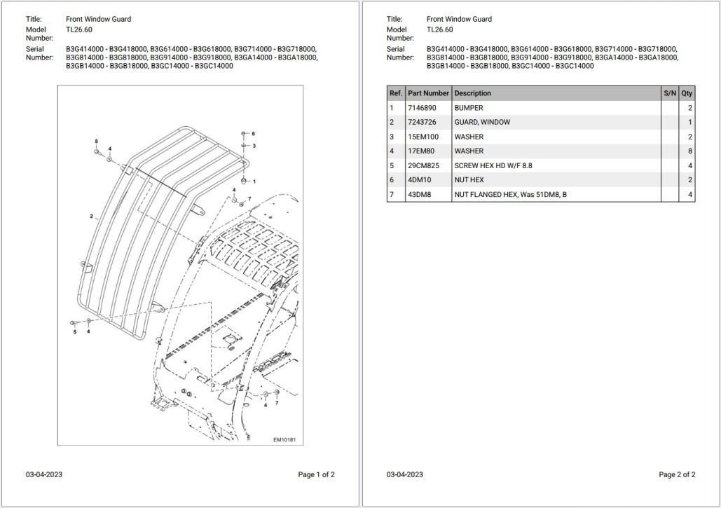 Bobcat TL26.60 B3G414000 – B3GC14000 Parts Catalog PDF