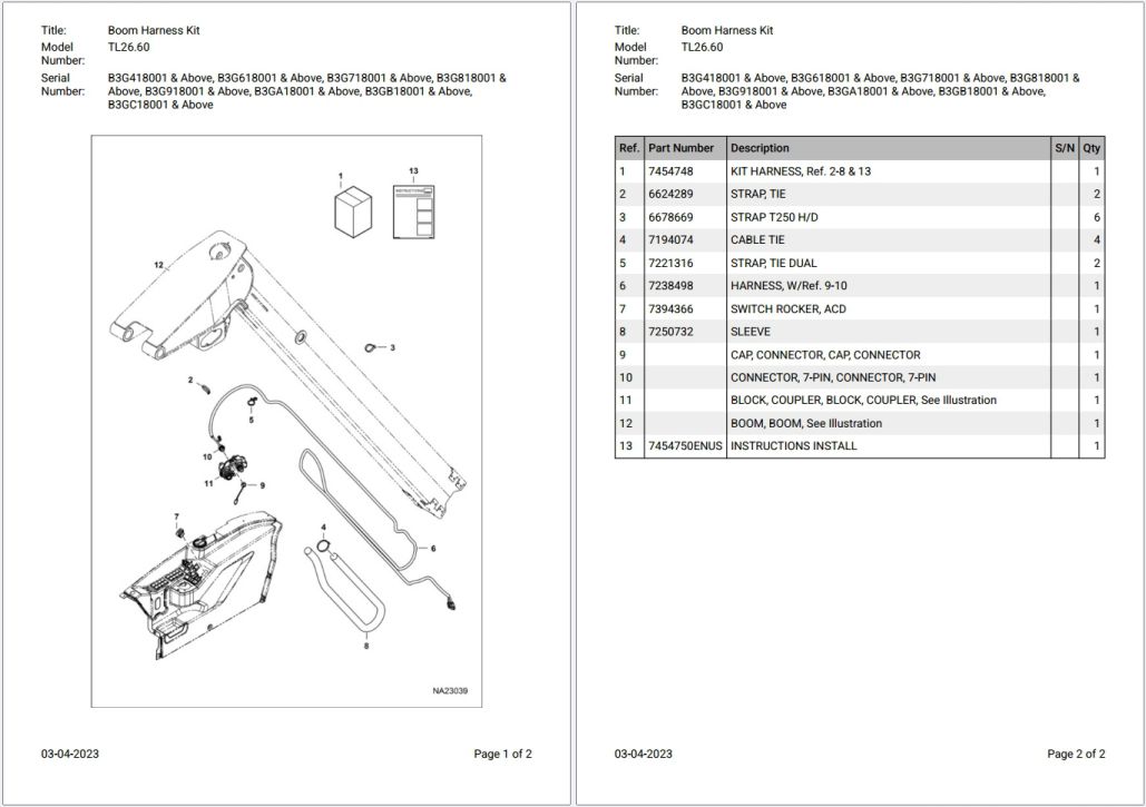 Bobcat TL26.60 B3G418001 & Above Parts Catalog PDF