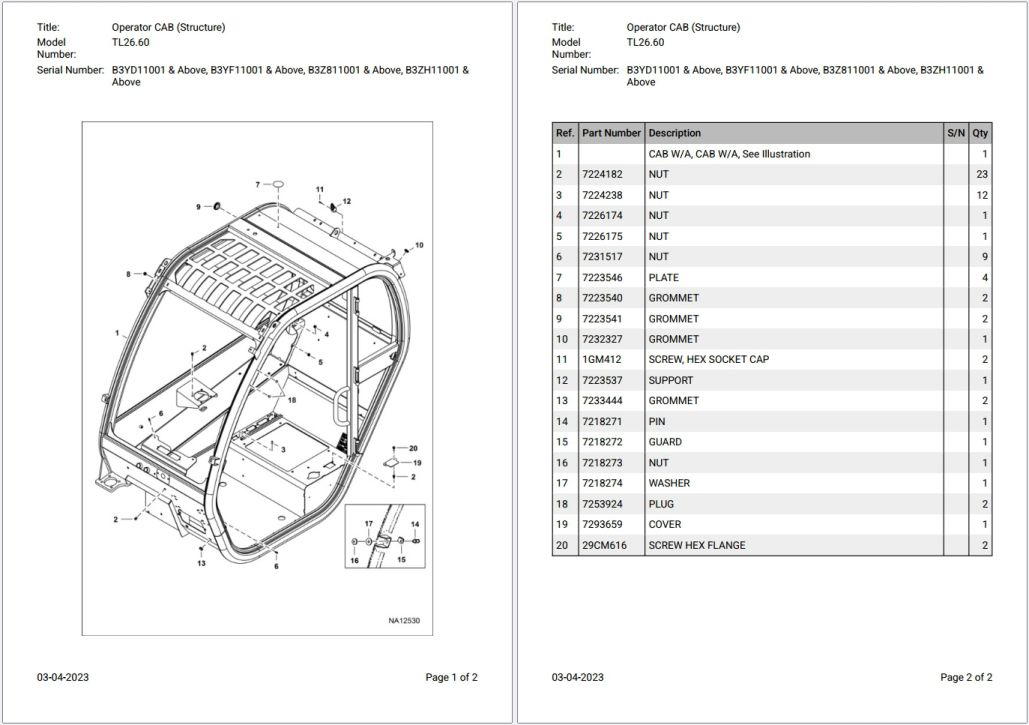 Bobcat TL26.60 B3YD11001 & Above Parts Catalog PDF